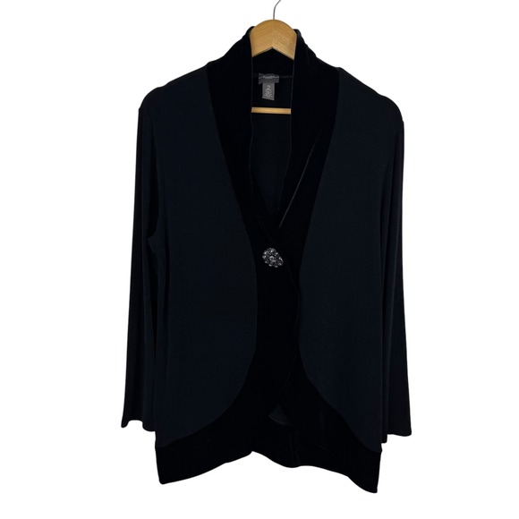 Chicos Travelers Velvet Trim Cardigan Womens 2P (US LP) Black Brooch Slinky Knit - Picture 1 of 9
